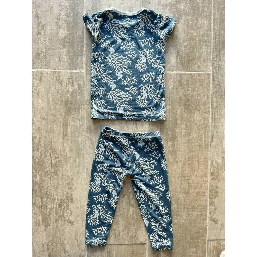 $48 Kickee Pants Pajama Set in Twilight Coral Fans Bamboo Snug Fit 18-24 months